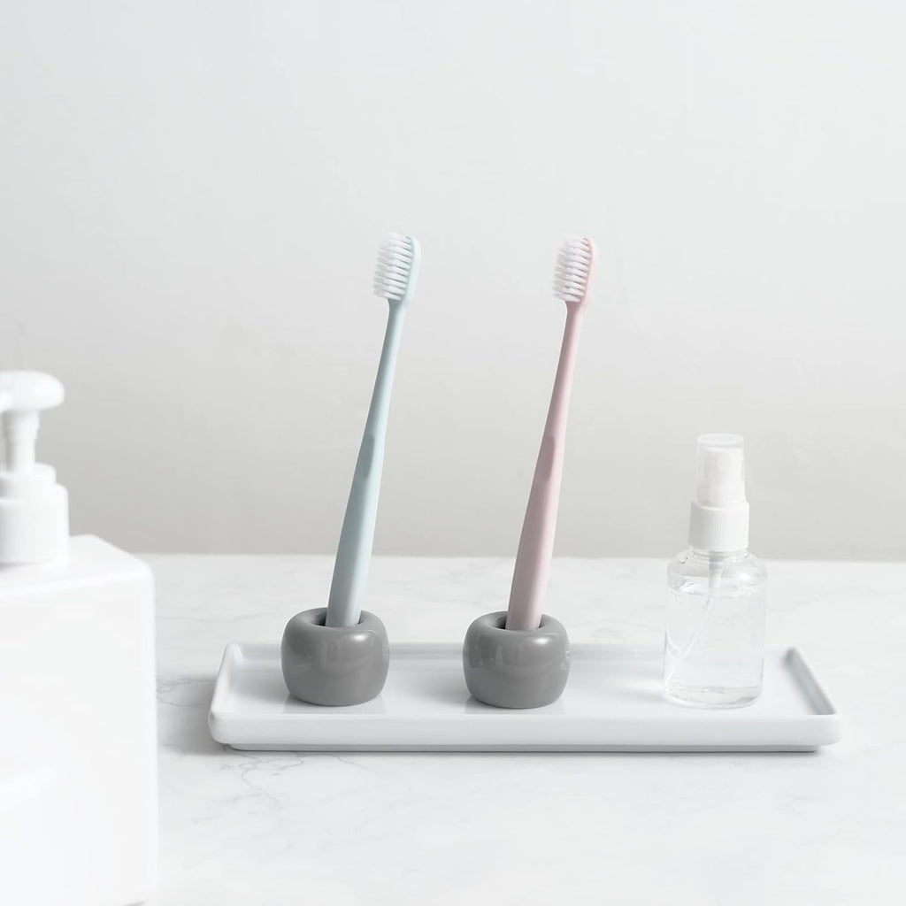 Mini Ceramic Couple Toothbrush Holder, Hand-Made Bathroom Toothbrush Holder, Electric Toothbrush Head Holder and Office Pen Holder 2-Piece Set (Gray)