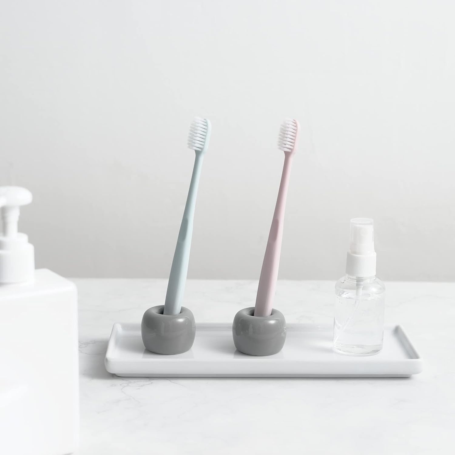 Mini Ceramic Couple Toothbrush Holder, Hand-Made Bathroom Toothbrush Holder, Electric Toothbrush Head Holder and Office Pen Holder 2-Piece Set (Gray)