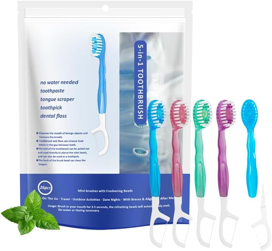 26 Pack Mini Disposable Toothbrushes with Toothpaste 5 in 1 Travel Portable Toothbrush Individually Wrapped with Toothpaste + Tongue Scraper + Picks+Floss Travel Case (Mix 4 Flavors, 26)
