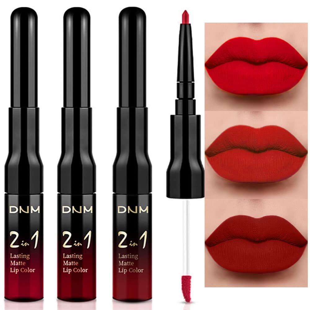 3Pcs 2 in 1 Ruby Bright Dark Red Lip Liner and Liquid Lipstick Stain Makeup Set for women, Long Lasting Smudge Proof Lip Tint Matte Finish Lip Gloss for All-Day Color Hold Easy to Use, Set05