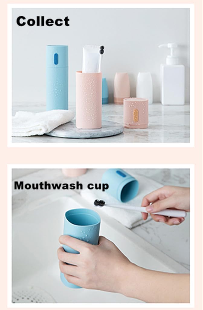 Travel Toothbrush Case Portable Toothbrush and Toothpaste Container Holder with Mouthwash Cup Oral cleaning Tools Organizer for Traveling Camping School Home (Blue and white)