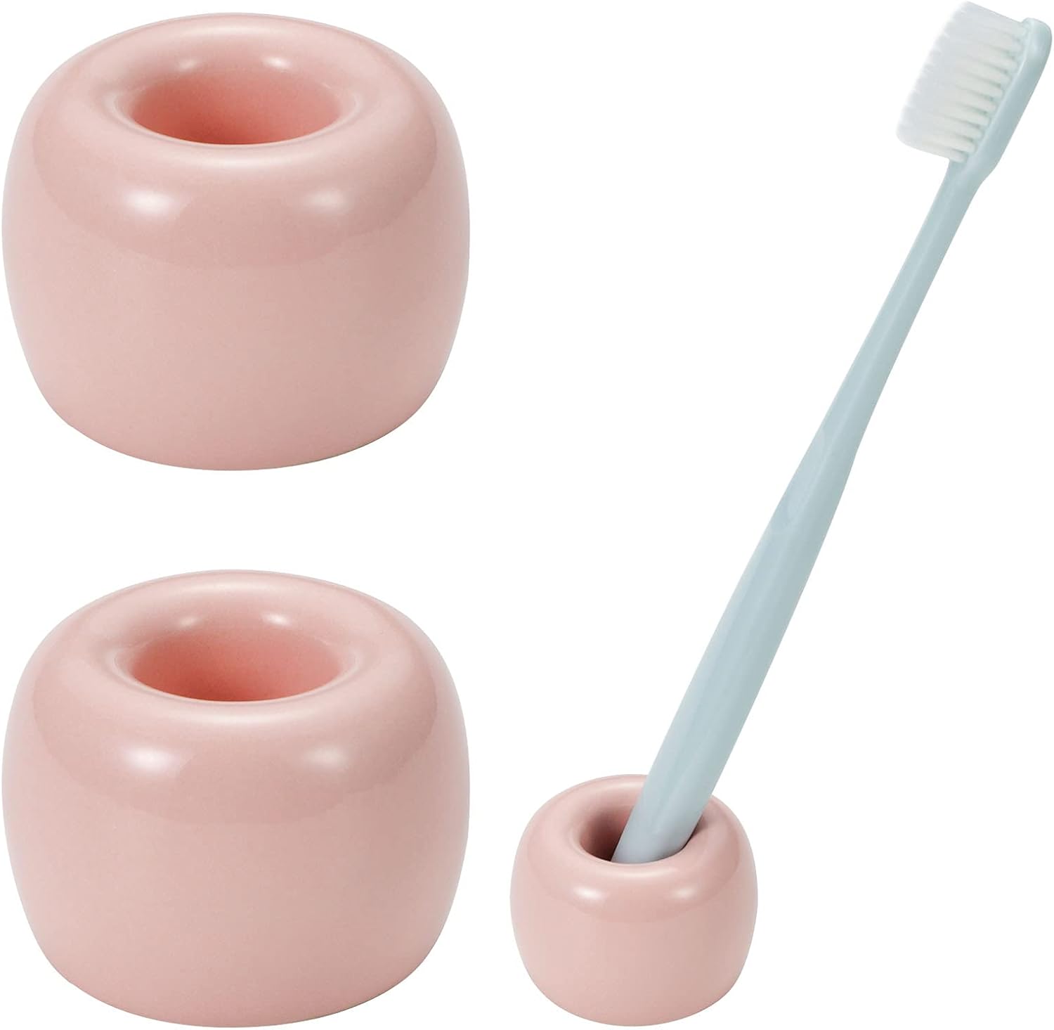 Mini Ceramic Couple Toothbrush Holder, Hand-Made Bathroom Toothbrush Holder, Electric Toothbrush Head Holder and Office Pen Holder 2-Piece Set (Pink)