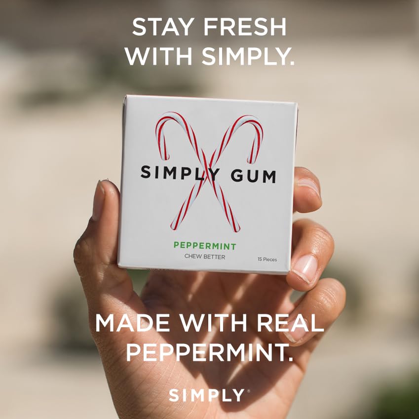 SIMPLY Gum Peppermint, Plastic-Free Natural Chewing Gum, Candy Cane Box 6 Pack (90 Pieces) | Vegan, Kosher, Non GMO, Aspartame Free and Sorbitol Free