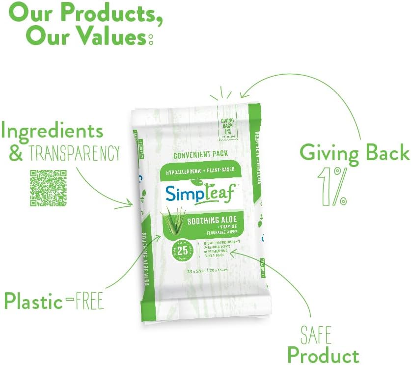 Simpleaf Flushable Wet Wipes Aloe Vera| Eco-Friendly, Paraben & Alcohol Free | Hypoallergenic & Safe for Sensitive Skin | Soothing Aloe Formula | (6 x 25 Counts Convenient Pack) 150 Counts Total