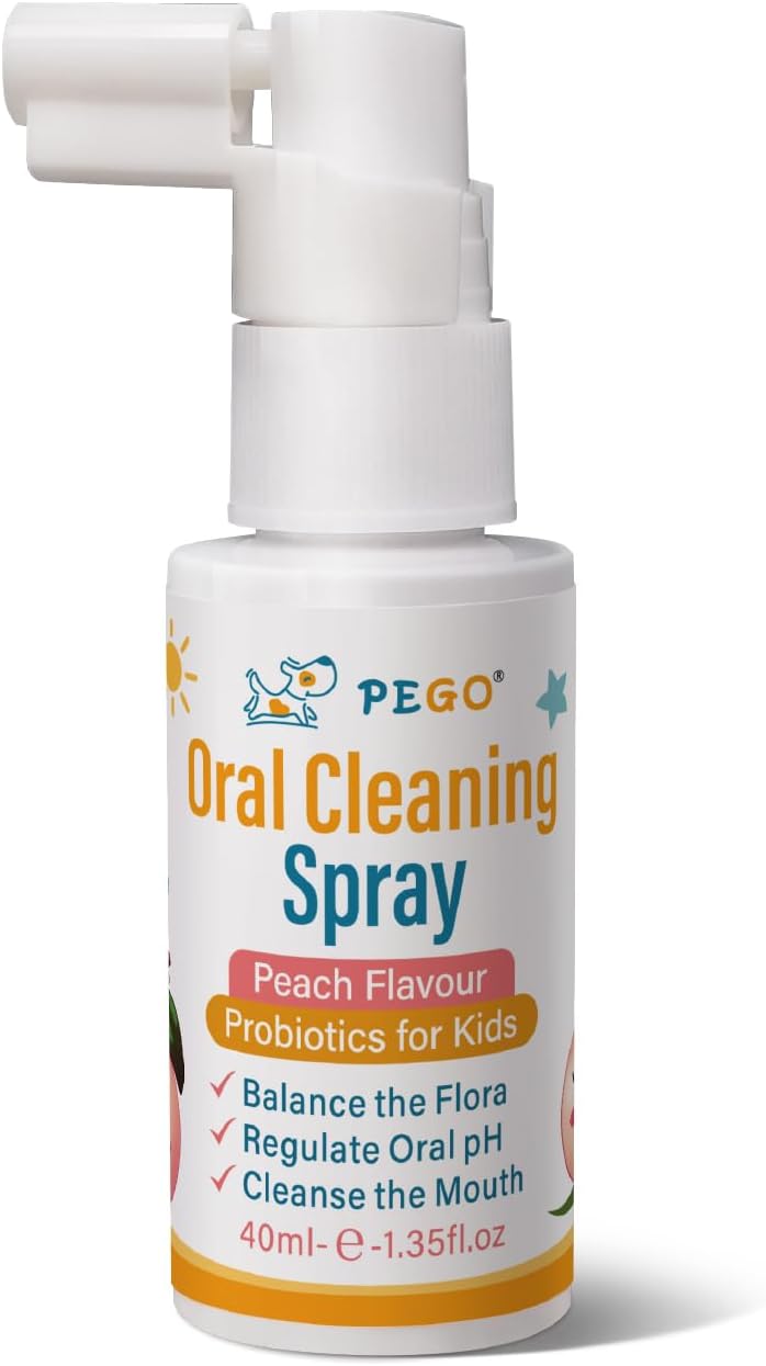 PEGO Kids Oral Spray - Toddler Toothpaste Helper for Fresh Breath, Fruit-Flavored, Probiotic Mouth Spray,Fluoride Free for Newborn to 12 Years (40ml*1, Peach)