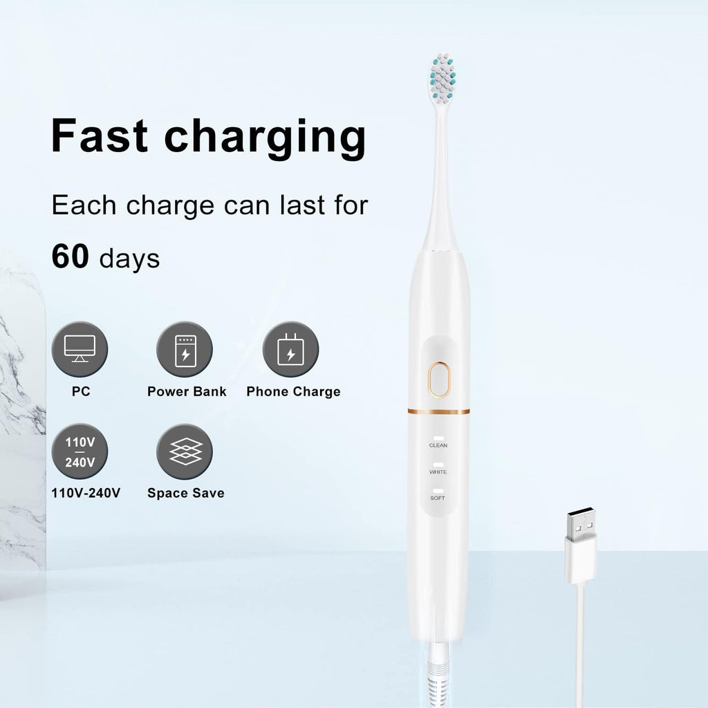 Electric Toothbrush Set, Comes with 8 Brush Heads & Travel Case,4 Modes with 2 Minutes Built in Smart Timer, One Charge for 60 Days, 42000 VPM Motor (White)