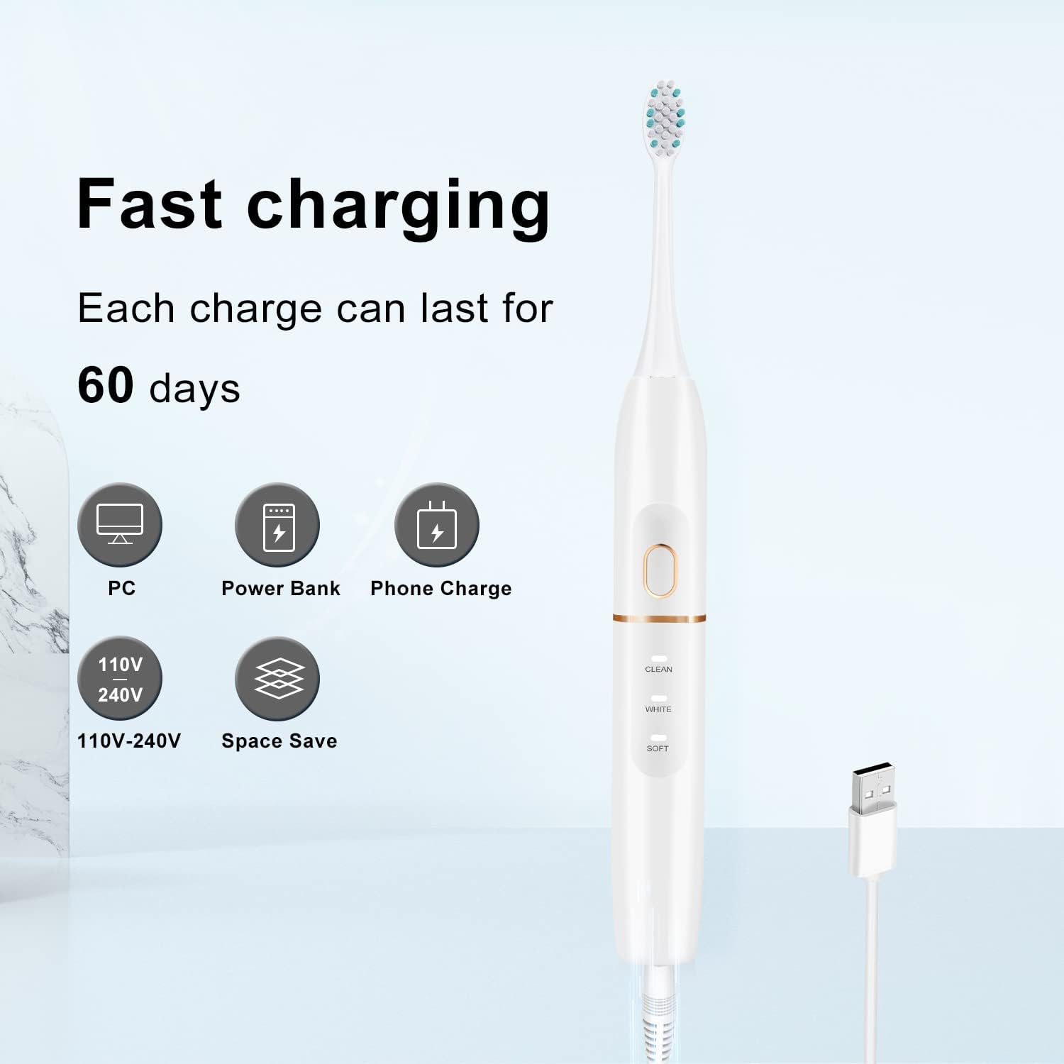 Electric Toothbrush Set, Comes with 8 Brush Heads & Travel Case,4 Modes with 2 Minutes Built in Smart Timer, One Charge for 60 Days, 42000 VPM Motor (White)