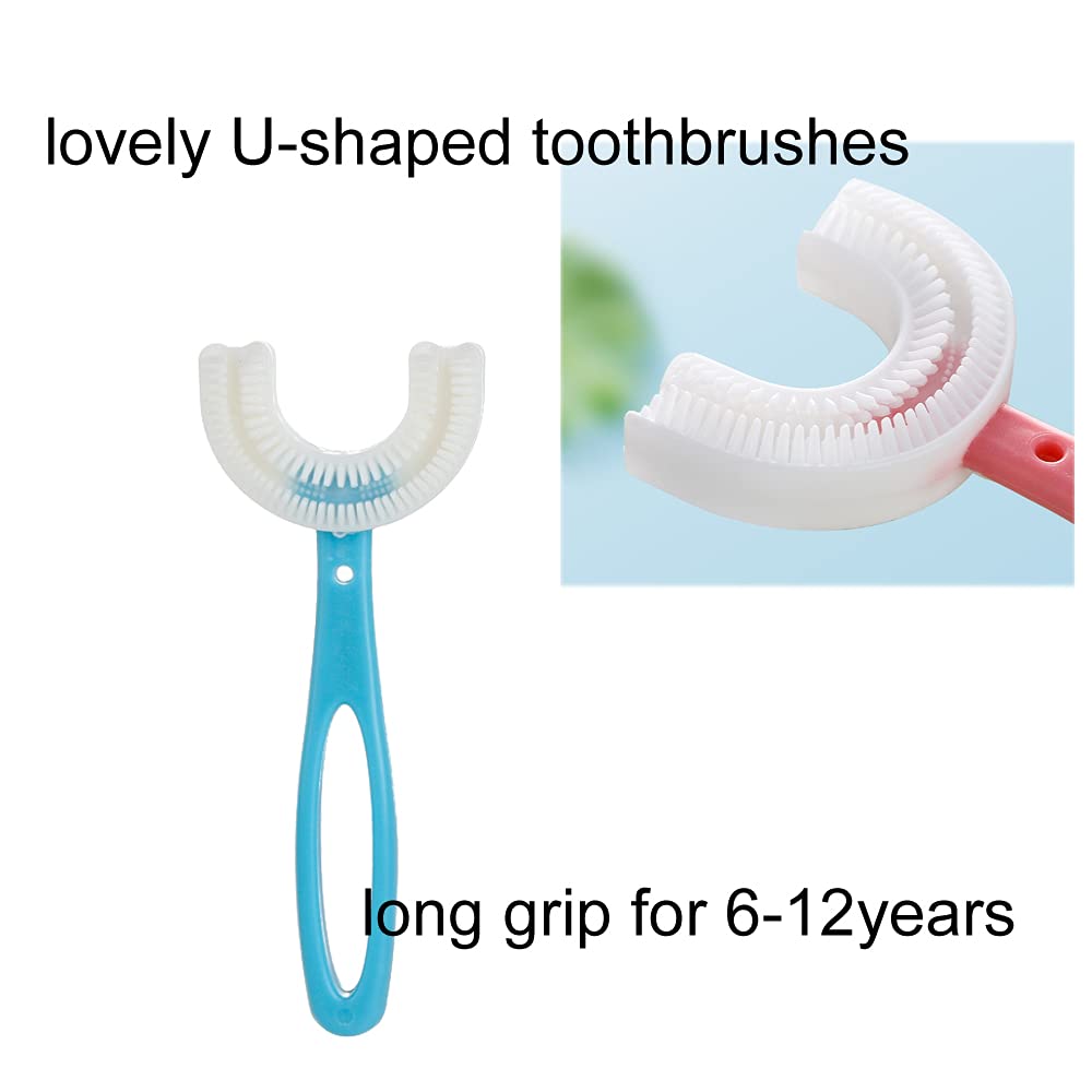 2 PCS U-Shaped Kids Toothbrush, Soft Manual Training Toothbrush for Kids 6-12 Years (Pink +Blue)