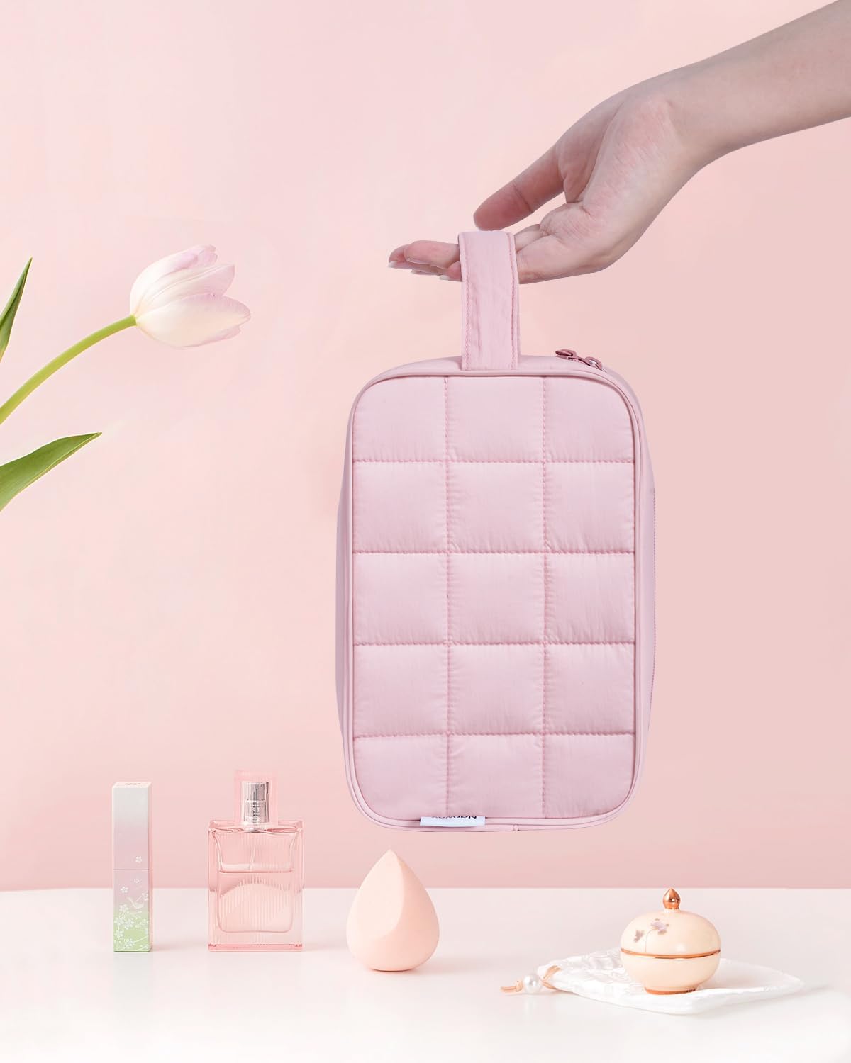 Narwey Puffy Travel Toiletry Bag for Traveling Women Girl, Travel Bag for Toiletries, Cute Travel Makeup Bag Organizer, Quilted Cosmetic Bag Make Up Skincare Medicine Bags