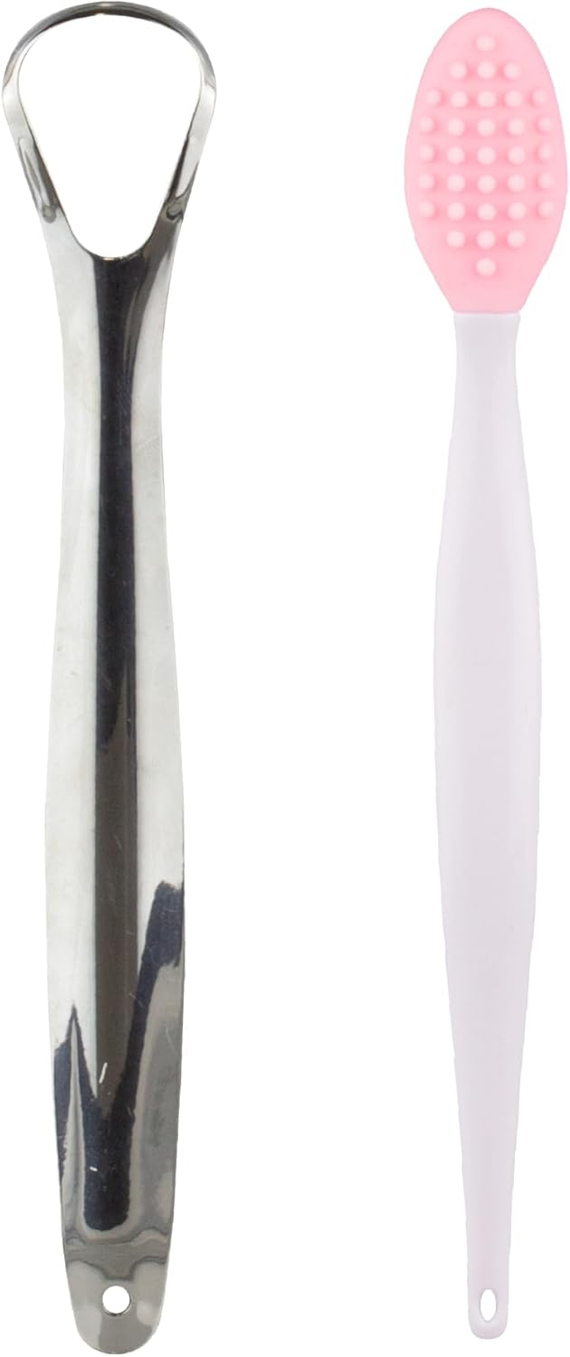 Lindo Oral Care Duo Tongue Scraper and Lip Exfoliator for Adults (2 Pack), Reduce Bad Breath, Stainless Steel Tongue Scraper, Metal Tongue Cleaner, Tongue Scrubber, Softer Lips, Silicone Lip Brush
