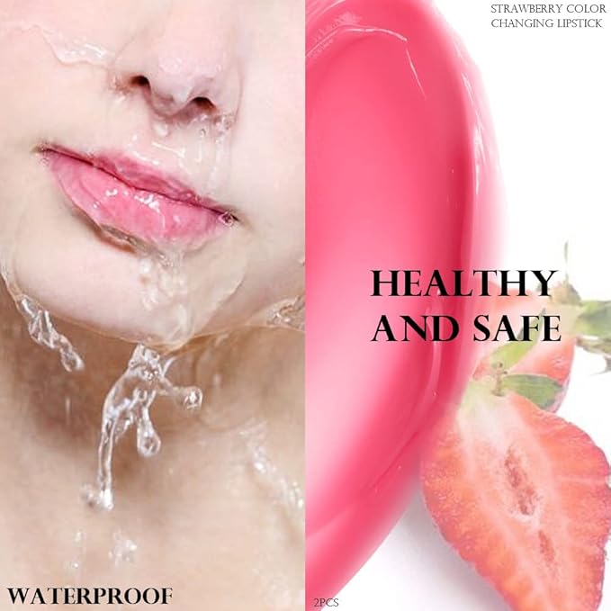 evpct 2Pcs Strawberry Tinted Lip Balms PH Lip Color Changing Lipstick Balm Stain Gift Set Queen for Women Girls Korean Mood Long Lasting Color Change Light Pink Lipstick Lip Tint Plumper Gloss