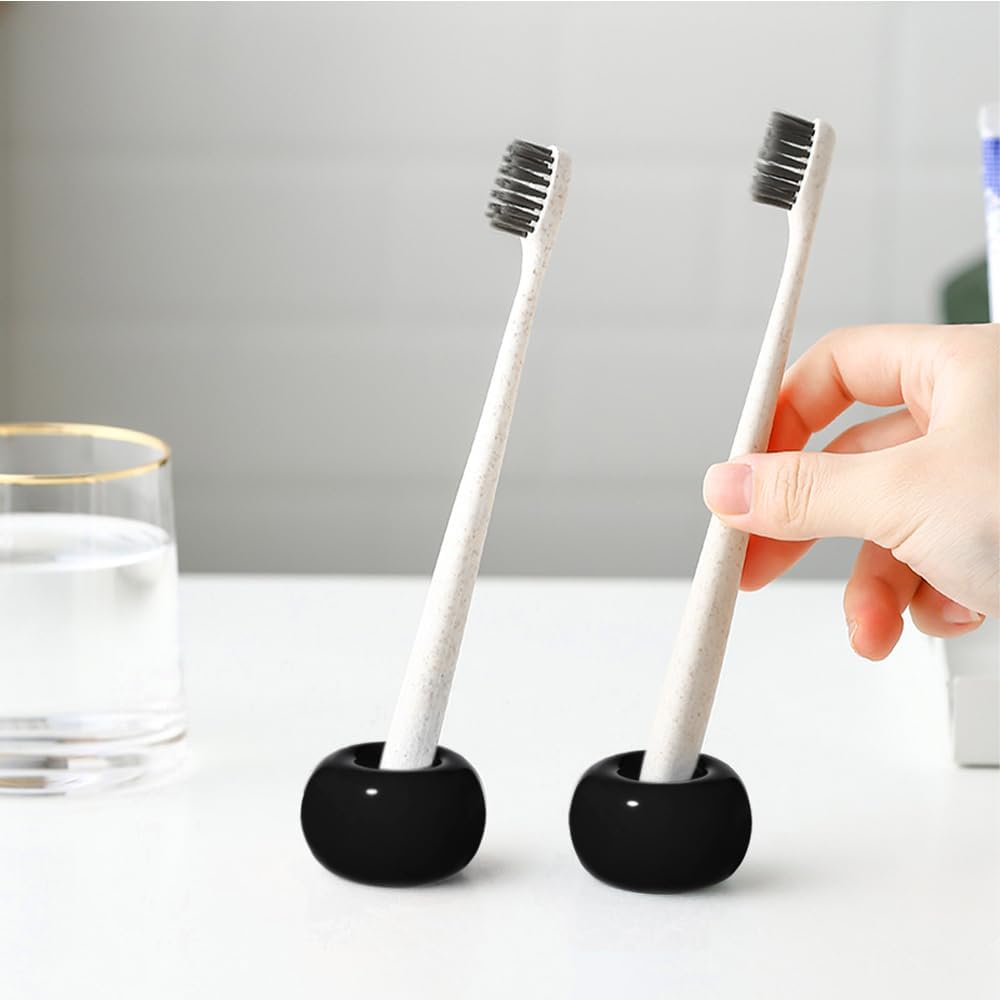Mini Ceramics Toothbrush Stand for Bathroom Vanity Countertop, Handmade Couple Toothbrush Head and Shaver Holder, Office Pen Holder, 2-Piece Set Black