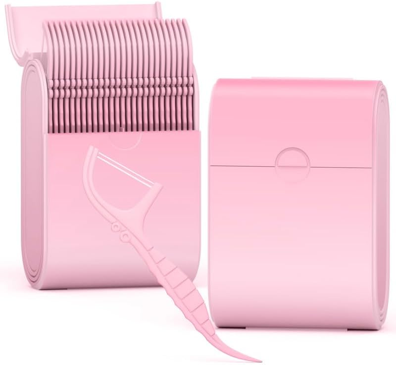 Portable Dental Floss Case 2 Box with 52 Count Floss Picks, Twin Line Design，Pink，Mint Flavor - Travel-Friendly Tooth Care Tool with Flossers Toothpick Holder - Oral Hygiene Essential.