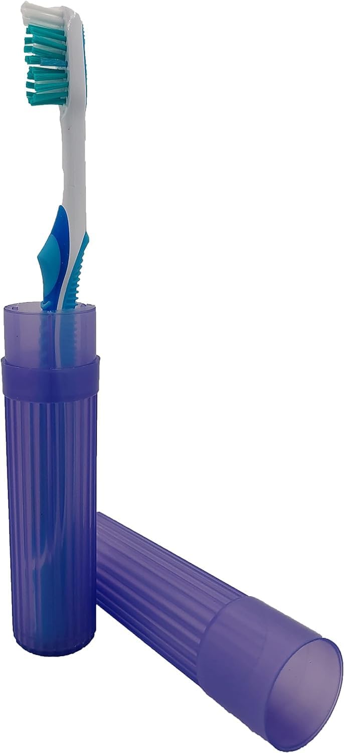 Purple Toothbrush Covers & Soap Box Set - Matching Colors - Tooth Brush Cover Cap, Soap Dish Travel Holder - Plastic Portable Set