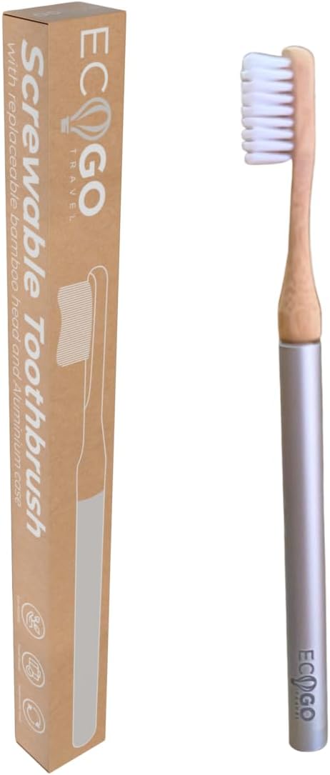 Screwable Toothbrush with Bamboo Head & Aluminum Handle – Eco-Friendly, Compact, Travel-Ready, Self-Standing, Durable, Replaceable Heads for Sustainable Oral Care