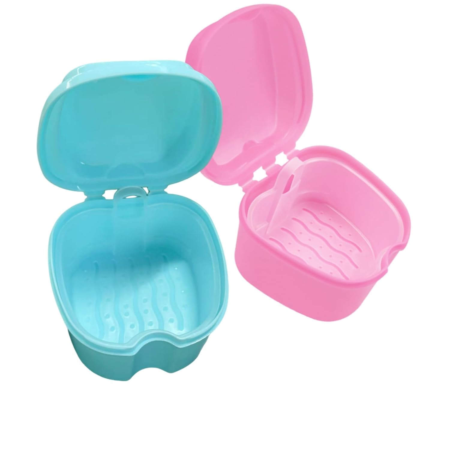 2pcs Denture Bath Retainer Case, Dentaure Cups for Soaking Dentures with Strainer Basket Tray,Compact and Pportable Design, Suitable for Traveling (Lake Blue+Pink)