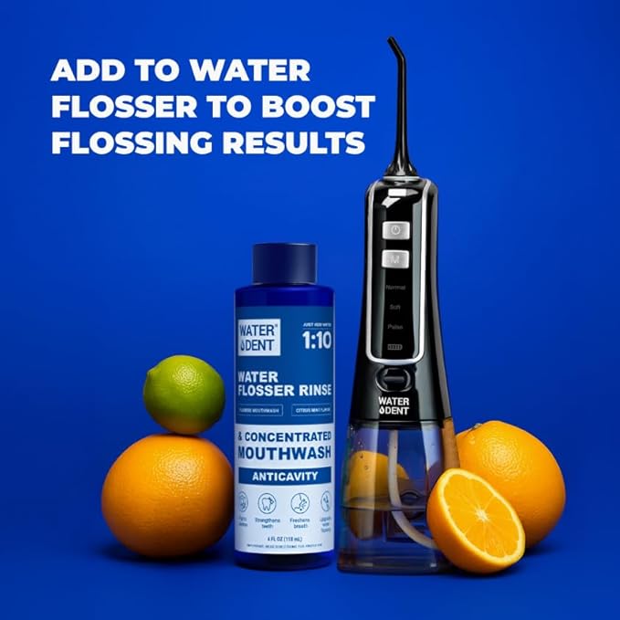 Fluoride Mouthwash & Water Flosser Аdditive | Add to Oral irrigator | Citrus Mint Flavor | Alcohol Free, Made in USA | Concentrated 1:10 = 44 fl.oz, Pack of 2 Bottles