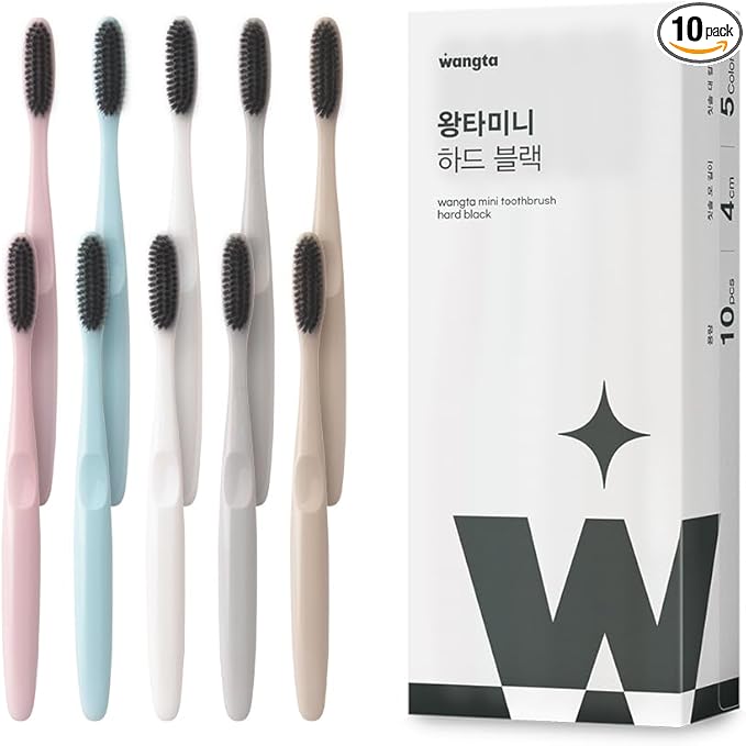 WANGTA Mini Black – Charcoal Large Toothbrush – 1.4 inch (3.5 cm) Head | 3,200 Bristles for Firm Cleaning & Bacterial Suppression | Made in Korea Oral Care (10 Pack)