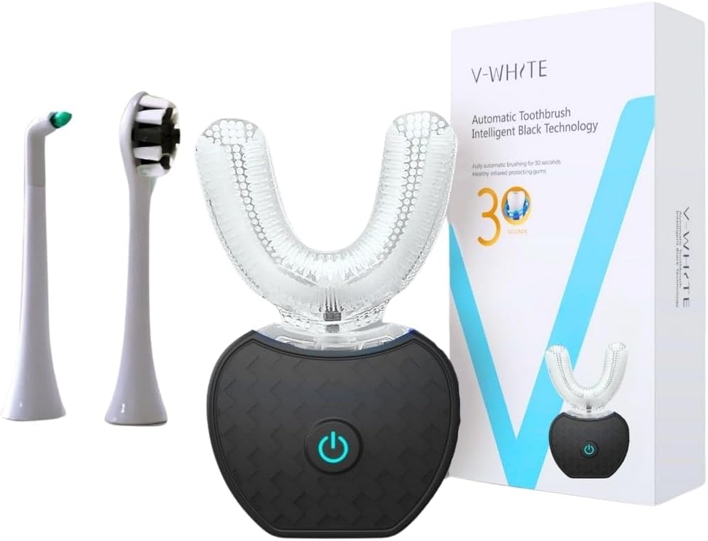 V-WHITE Ultrasonic U-Shaped Toothbrush for Teeth Whitening, Electric Toothbrush For Adults - 360° Mouth Cleansing, Hands Free Gums Protection - Wireless Charging & LED Light -Waterproof IPX7 Certified