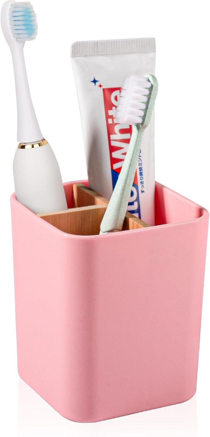 Bamboo Toothbrush Holder for Bathrooms, 3 Slots Toothbrush and Toothpaste Holder Bathroom Counter Organizer for Electric Toothbrushes, Floss, Razors - Pink