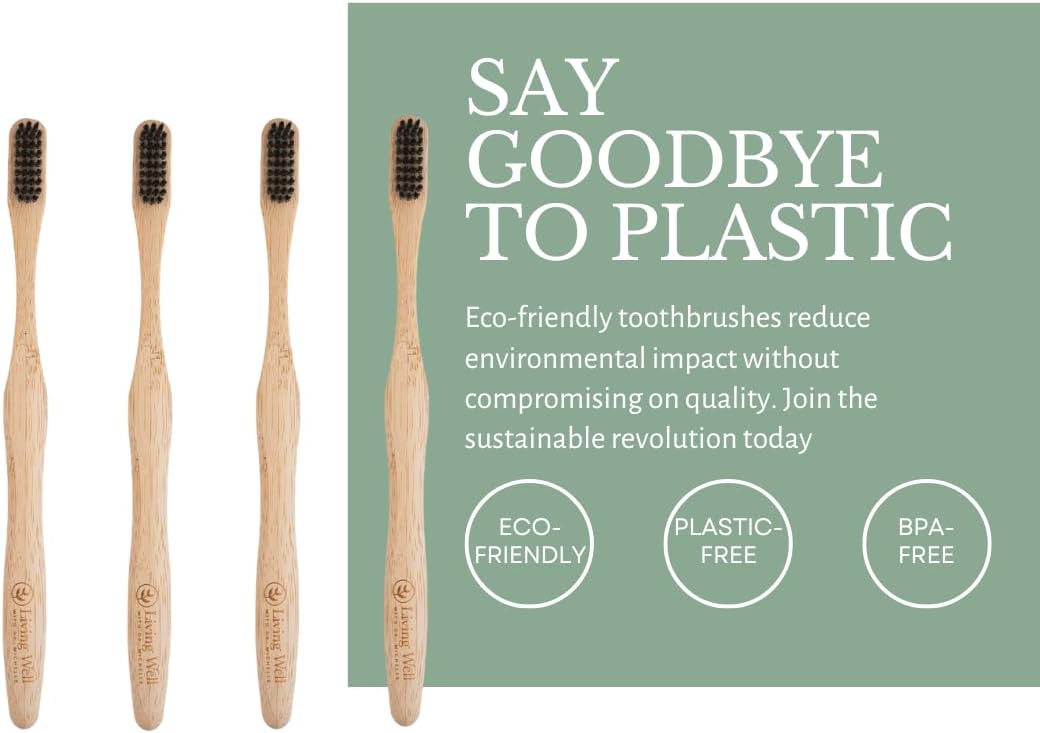 Living Well with Dr. Michelle Bamboo Toothbrushes (4 Pack) Eco-Friendly, Natural, BPA Free & Biodegradable, Infused with Charcoal, Wood Color Tooth Brushes for Adults