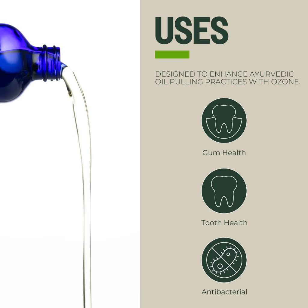 PurO3 Ozonated Oil Pulling Solution - Organic, Ozone Infused Coconut, Sesame, Sunflower, & Peppermint Essential Oils for Teeth & Gums - Fluoride-Free, Non-Toxic & Non-GMO Oral Care, 8 oz