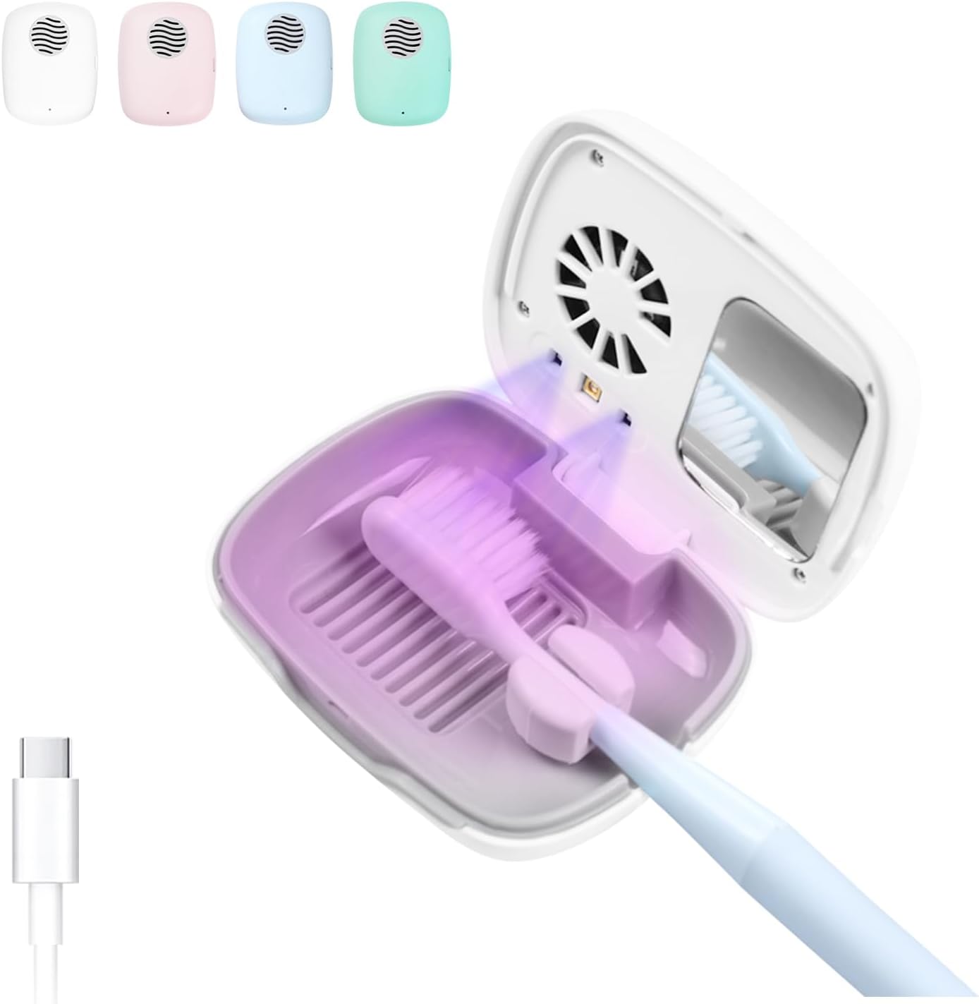 Toothbrush Holder, Toothbrush Cleaner Case, Portable USB Charging Toothbrush Cover with U V-C Light, Travel Toothbrush Holder (White-Fan)