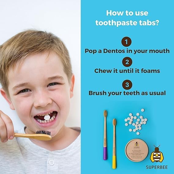 SuperBee Dentos Toothpaste Tablets, 14 Tabs, Fluoride Free & Eco Friendly, Travel Mouthwash Tablets, Sensitive Bites Kids Adults, Chewable Tablet, Spearmint