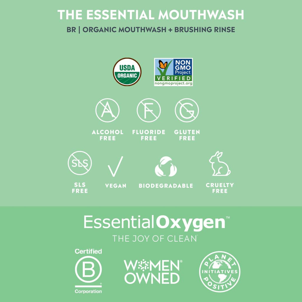 Essential Oxygen Certified BR Organic Brushing Rinse, All Natural Mouthwash for Whiter Teeth, Fresher Breath, and Happier Gums, Alcohol-Free Oral Care, Peppermint, 32 Ounce
