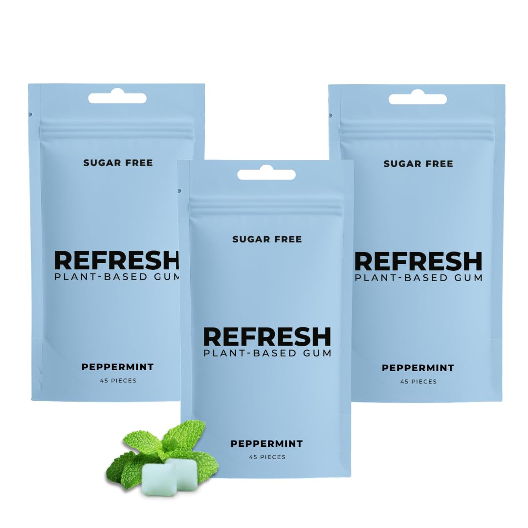Refresh Gum Peppermint – Xylitol, Sugar Free Chewing Gum Pouches, Natural Flavor & Organic Ingredients – Aspartame Free, Plant-Based, Non-GMO – 45 Pieces Each, 3 Pack