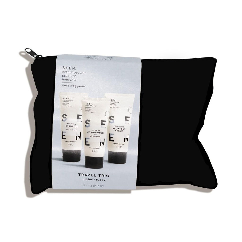 SEEN Travel Trio, Fragrance Free - Non-Comedogenic & Blow-Out Hair Cream, Shampoo & Conditioner Set- Reduces Frizz- Heat Protectant- Safe for Sensitive & Eczema Prone Skin