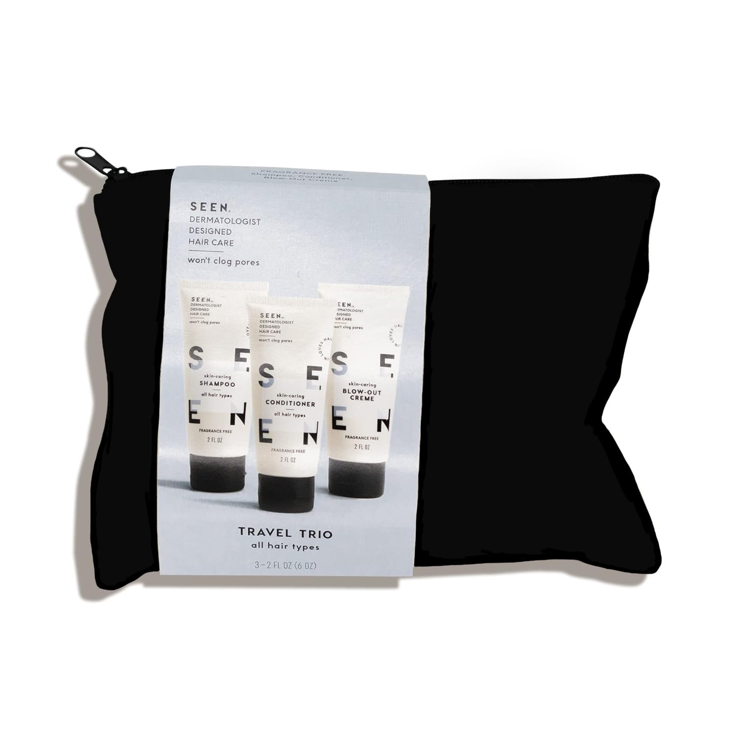 SEEN Travel Trio, Fragrance Free - Non-Comedogenic & Blow-Out Hair Cream, Shampoo & Conditioner Set- Reduces Frizz- Heat Protectant- Safe for Sensitive & Eczema Prone Skin