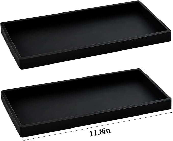 2PCS 11.8” L x 5” W Silicone Soap Dispenser Tray, Bathroom Sink Vanity Trays for Dresser Tops, Toilet, Small Black Tray for Scrubber, Lotion Bottles, Perfume, Jewelry, Candle, Key Trinket Ring-Black