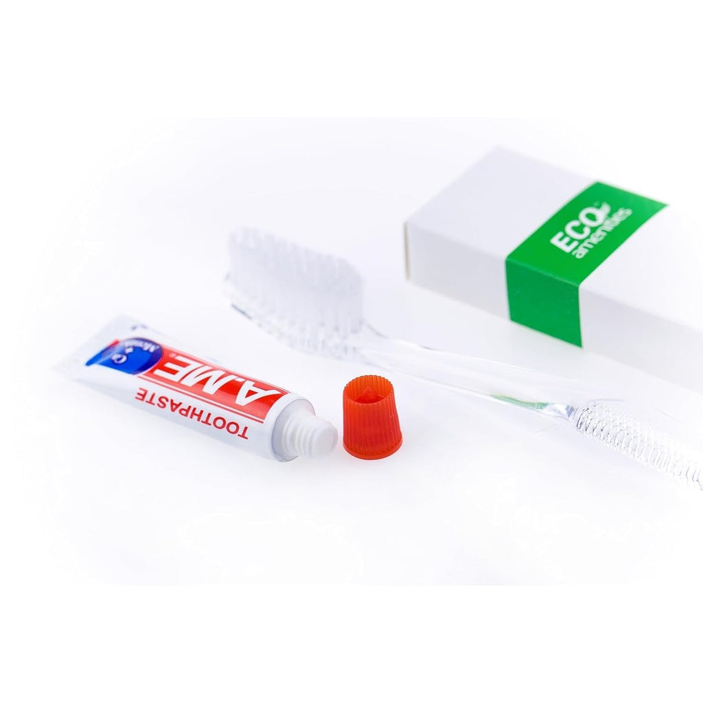 ECO amenities Bulk Travel Toothbrush & Toothpaste Kit - 100 Count, Transparent, Peppermint - Disposable Hotel Dental Kit