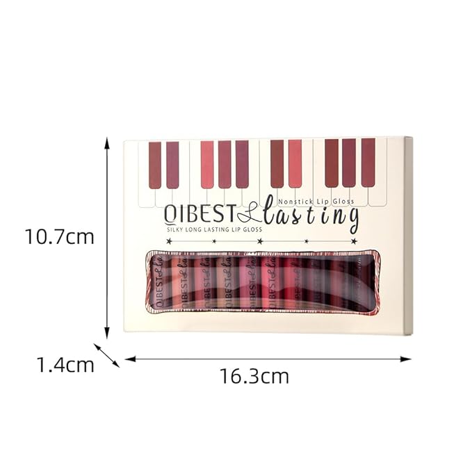 QiBest 12Pcs Matte Liquid Lipstick Set for Girls & Women, 24 Hours Long Lasting Waterproof Nude & Dark Red Lip Gloss Makeup Gift Kits, Velvet Non-Stick Cup Mate Duracion 24 Horas Originales Lip Stains