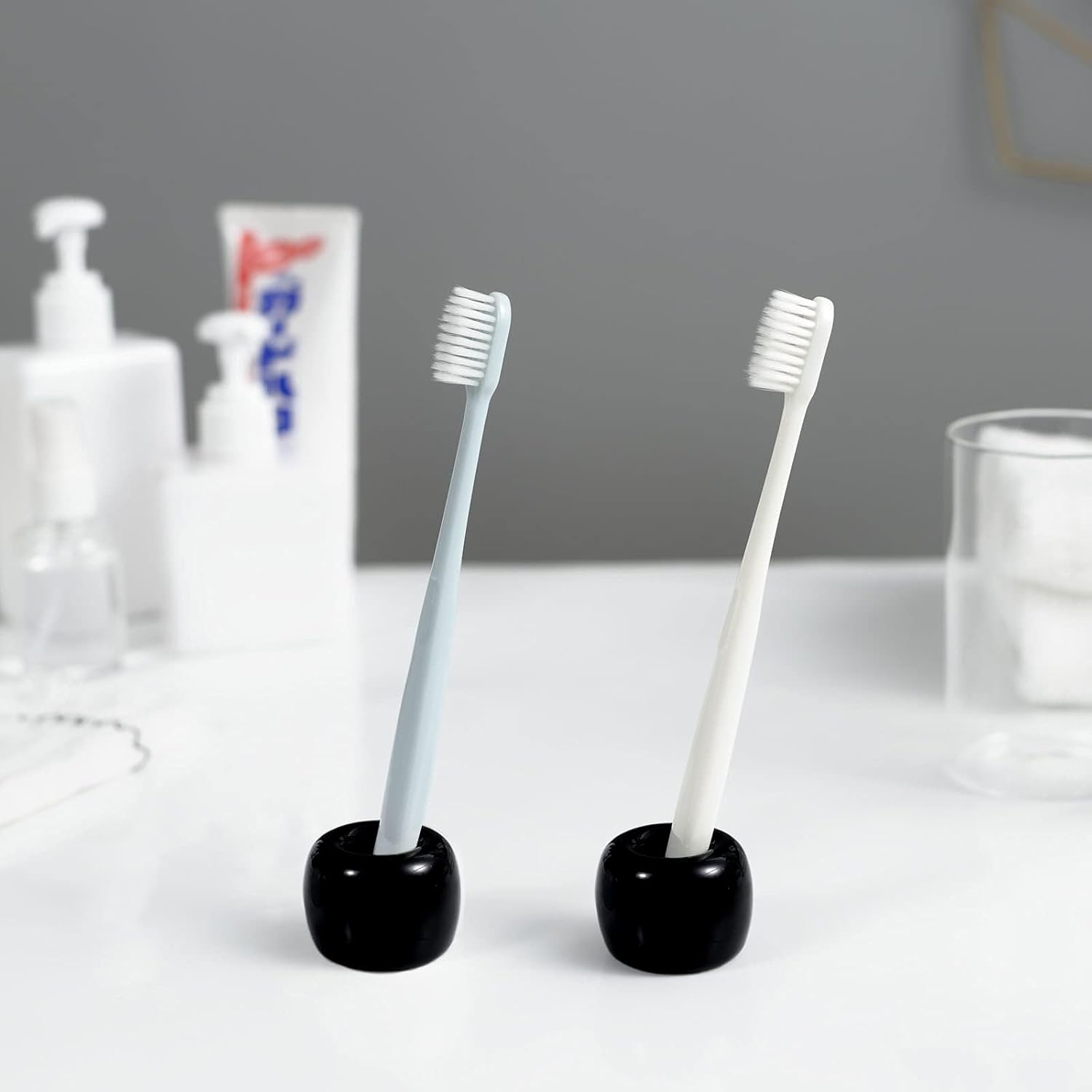 Mini Ceramics Toothbrush Stand for Bathroom Vanity Countertop, Handmade Couple Toothbrush Head and Shaver Holder, Office Pen Holder, 2-Piece Set Black