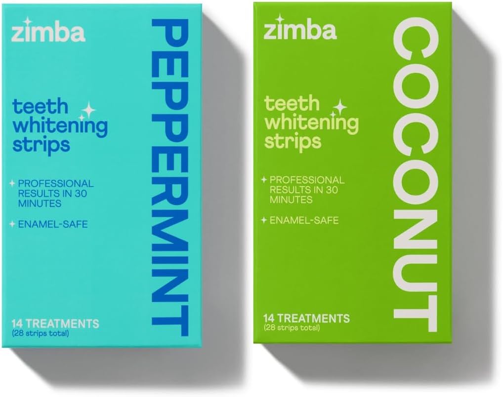 Zimba Peppermint & Coconut Teeth Whitening Strips for Teeth Sensitive, White Strips for Teeth Whitening, Teeth Whitener Stain Remover 28 White Strips Included Per Pack, 2 Pack (14 Day Treatment)