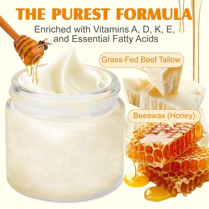 Grass Fed Honey & Tallow Balm - Tallow and Manuka Honey Cream, Bálsamo de Miel y Sebo, Unscented, Natural Ingredient Whipped Moisturizer for Face & Body, Lotion and Lip Balm 2 oz (1pcs)