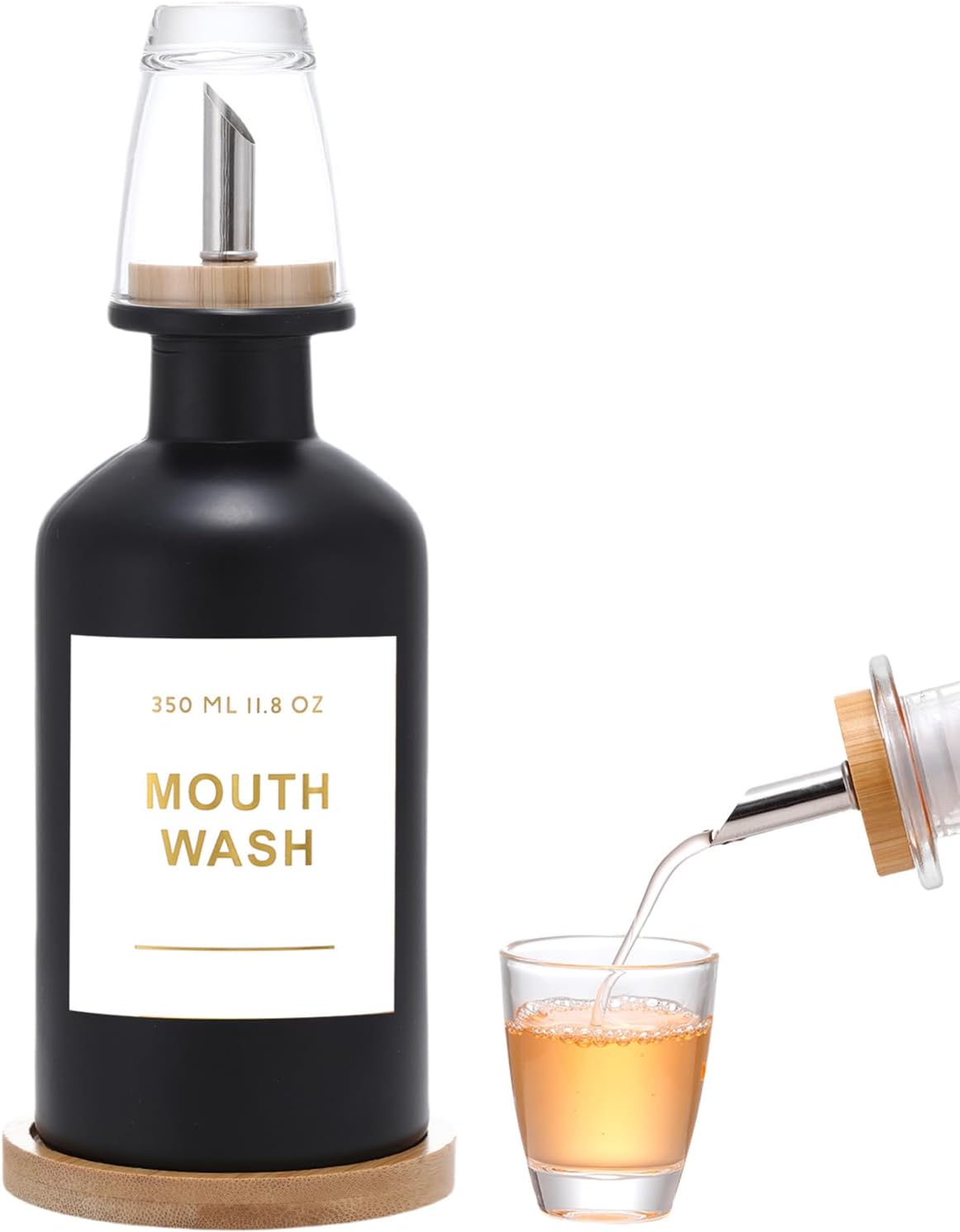 11.8OZ Glass Mouthwash Dispenser for Bathroom with Stainless Steel & Bamboo Nozzle, Mouthwash Cup Reusable, Bamboo Tray, and Elegant Gold Sticker.(Black)