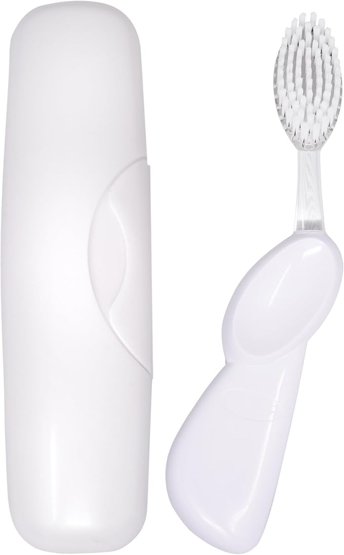 RADIUS Toothbrush with Replaceable Big Brush Head BPA Free ADA Accepted - Left Hand - Pastel White Brush with Pastel White Case