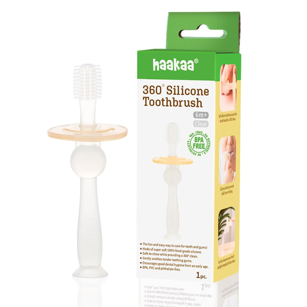Haakaa 360° Silicone Baby Toothbrush – 100% Soft Food Grade Silicone, BPA-Free, Suction Base, Safe for Babies 6 Months+, Gentle Gum and Teeth Cleaning for Infants, Gum Massager