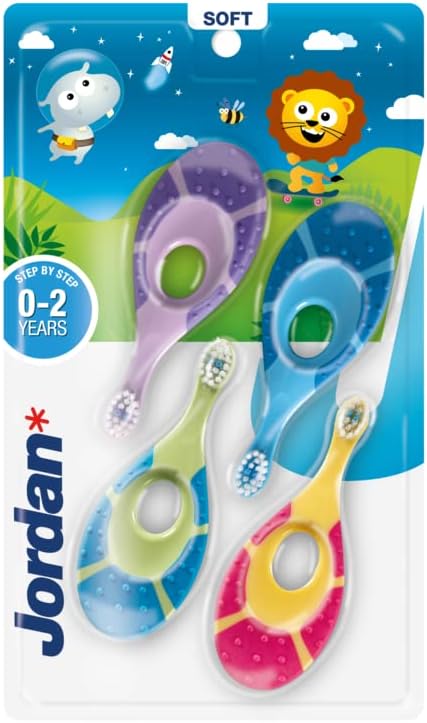 Jordan* | Step 1 Baby Toothbrush | 0-2 Years, Soft Bristles, BPA Free | Green & Blue | 4 Pack