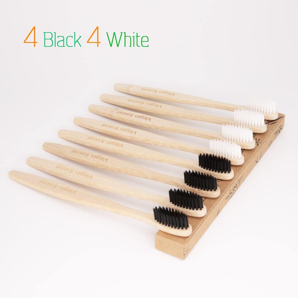 Virgin Forest Bamboo Toothbrushes, 8 Pcs Soft Bristle Toothbrush, Eco-Friendly Toothbrushes, Biodegradable Toothbrushes, Natural Wooden Toothbrush, Charcoal Toothbrushes