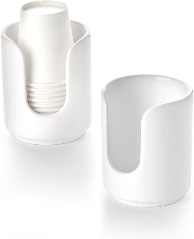 3 oz Original Ceramic Bathroom Cup Dispenser with 5 PLA Paper Cups, Bathroom Essential Accessories for Mouthwash Holder on Bathroom Vanity Countertops (2 Pack, White)