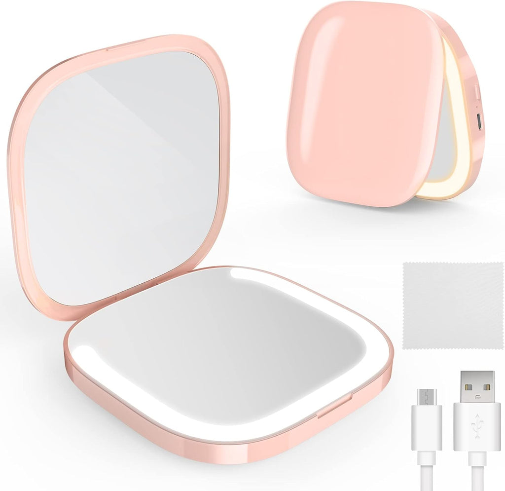 MY BEAUTY LIGHT Bright Compact Mirror with Durable Rechargeable 1X/3X Magnifying Light, 3000K-6000K Travel Makeup Mirror with Lights for Handbag Purse Pocket (Pink)