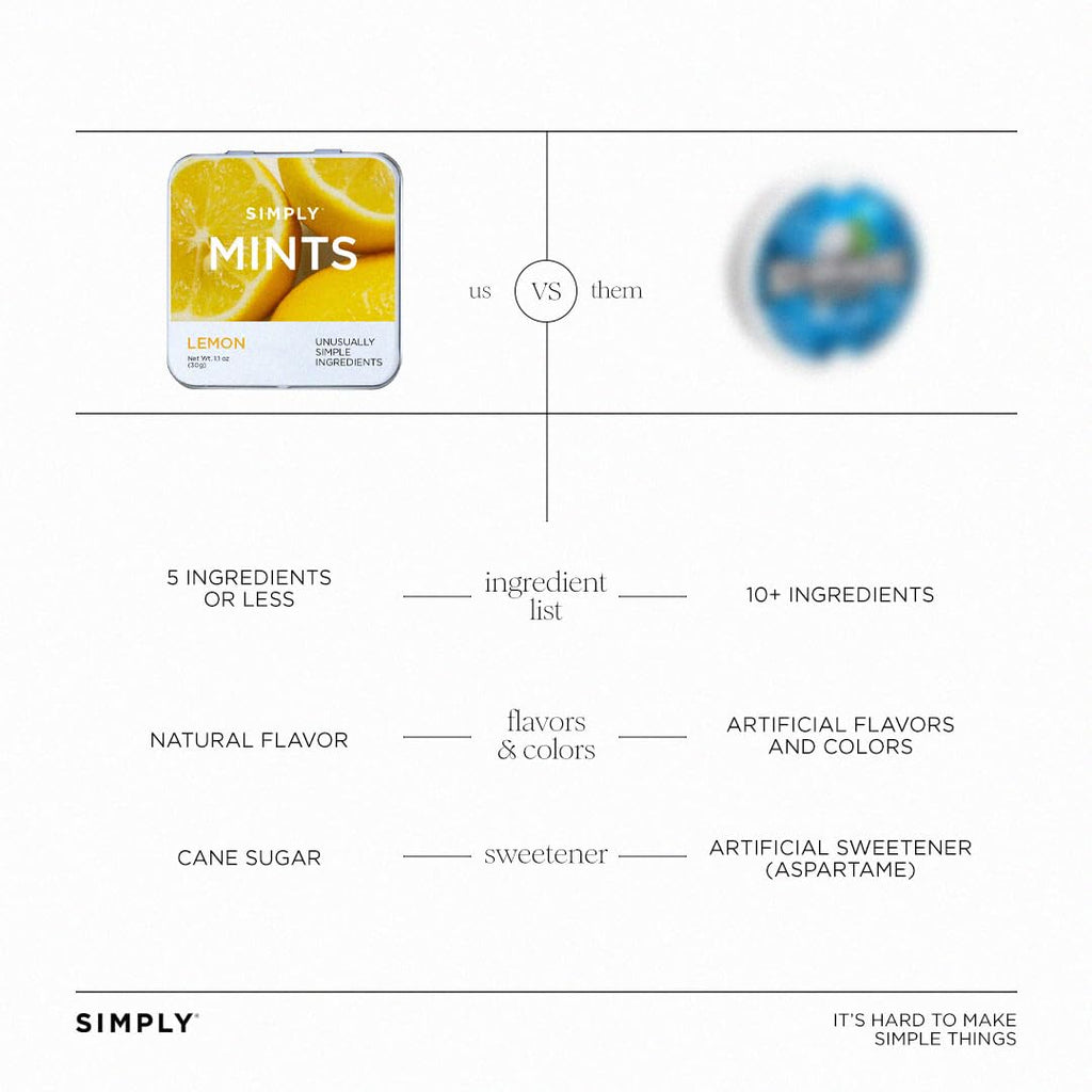SIMPLY Mints | Lemon Breath Mints | Pack of Six (180 Pieces Total) | Zesty & Refreshing + Aspartame-Free + Vegan + non-GMO