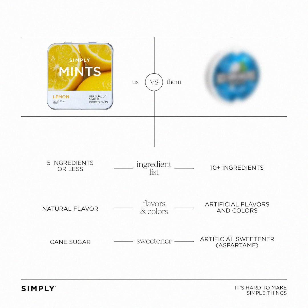 SIMPLY Mints | Lemon Breath Mints | Pack of Six (180 Pieces Total) | Zesty & Refreshing + Aspartame-Free + Vegan + non-GMO