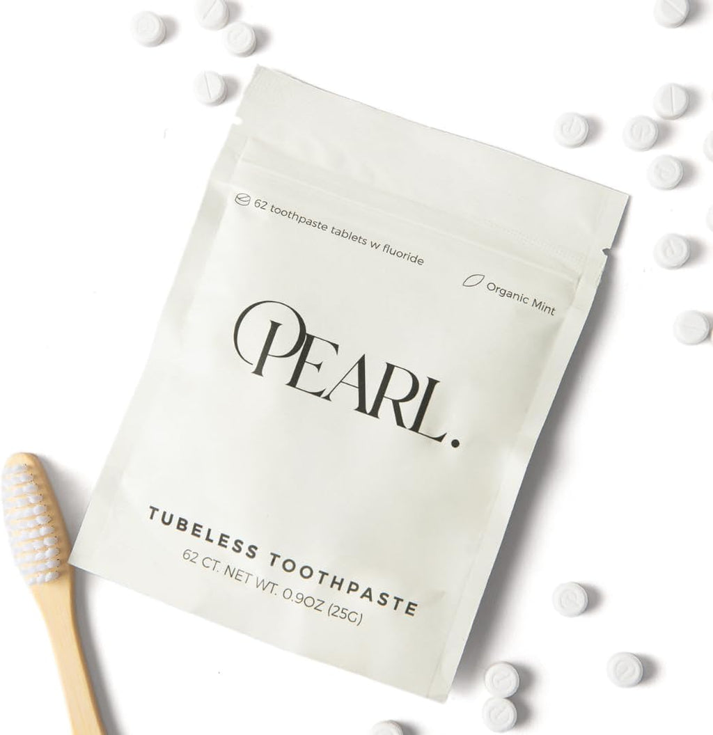 Starter Kit: The Pearl Jar & Fluoride Mint Toothpaste Tablets | Dentist Developed | Natural Whitening | TSA Approved | Reusable Packaging (Jar + 62 Tablets)