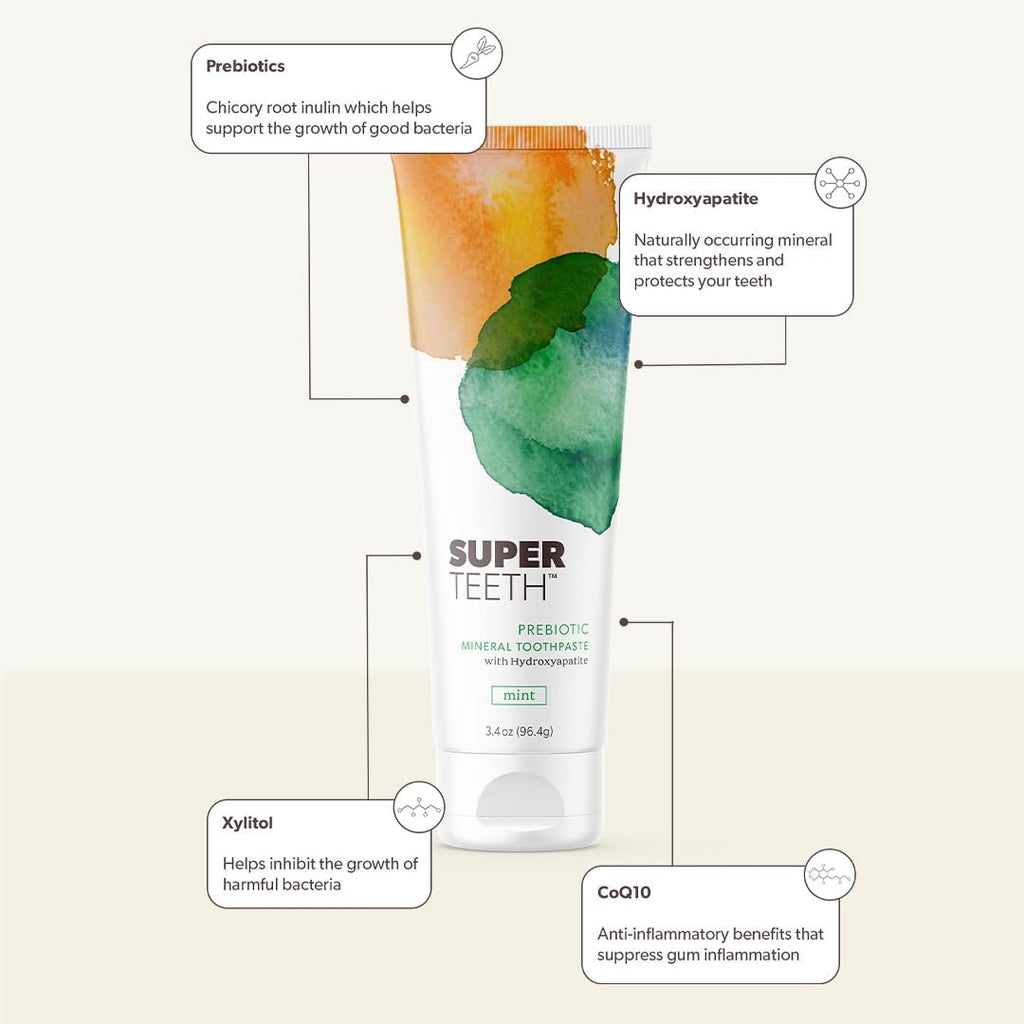 SuperTeeth Prebiotic Mineral Toothpaste for Adults & Kids with Hydroxyapatite | Fights Cavities & Plaque Buildup | Breath Freshener | Fluoride Free & SLS Free | Remineralizes Teeth | USA-Made | Mint