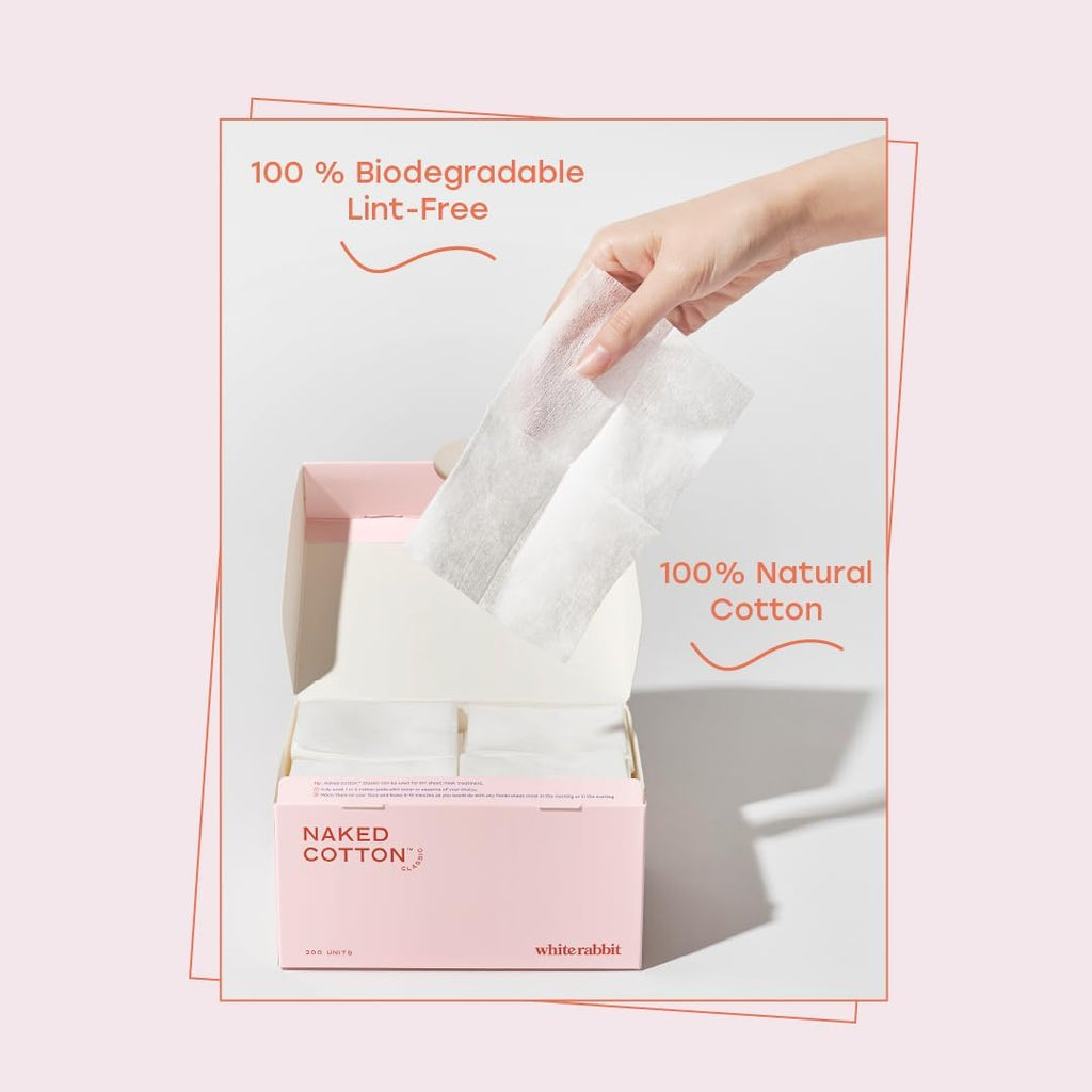 White Rabbit – Naked Cotton Classic – Premium 100% Cotton Pads for Toner Use, Makeup Remover, and Masks | Unbleached, Lint-Free, Extra Soft | Korean Skin Care Product (100 Count)